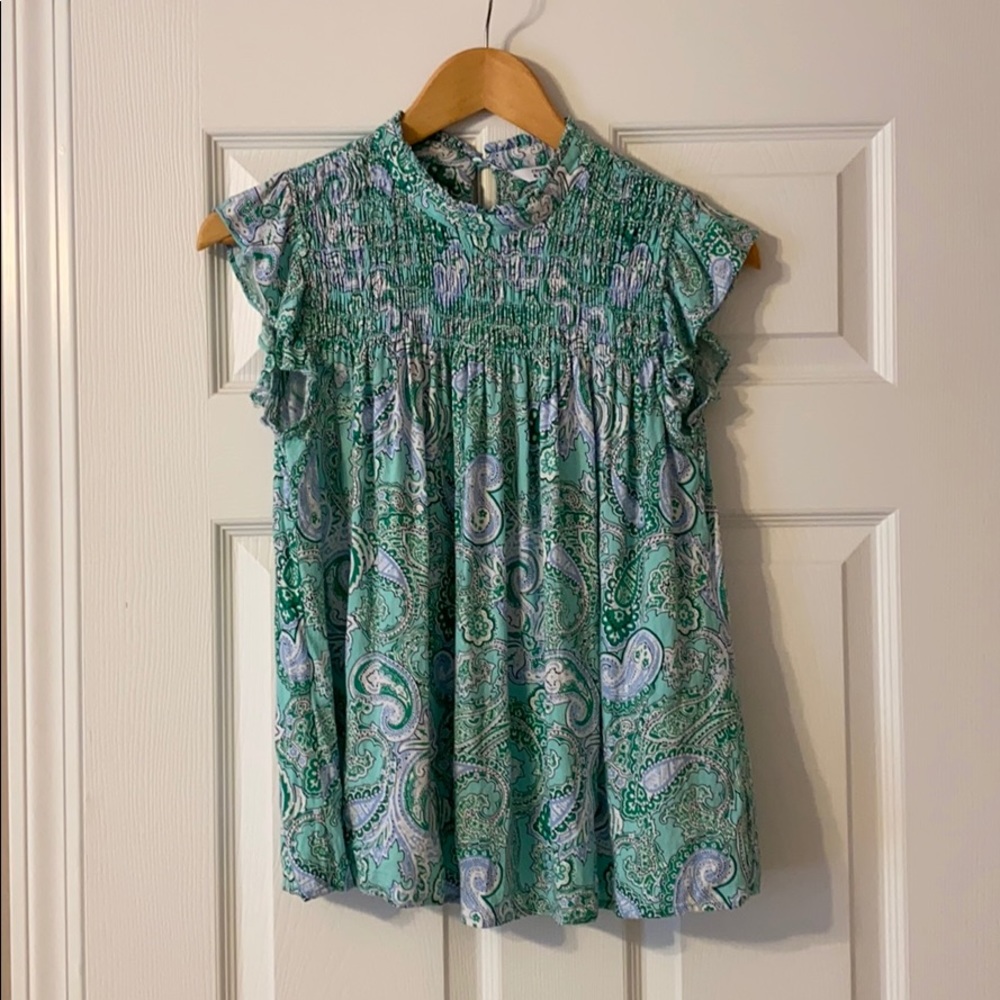 Blue and green paisley blouse
